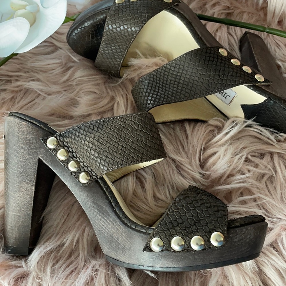 Jimmy Choo Dark Brown Textured Leather Platform Sandals with Studs